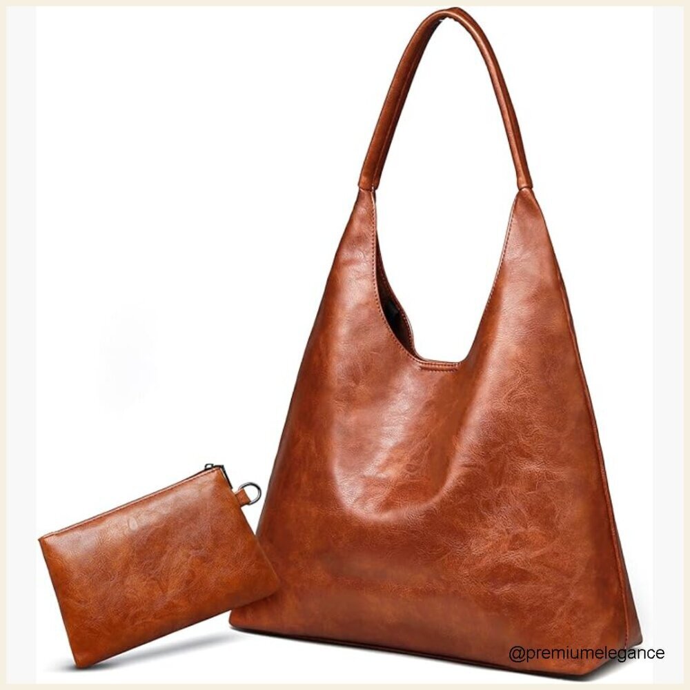 Vegan Leather Hobo Tote with Cosmetic Pouch Slouchy Shoulder Bag